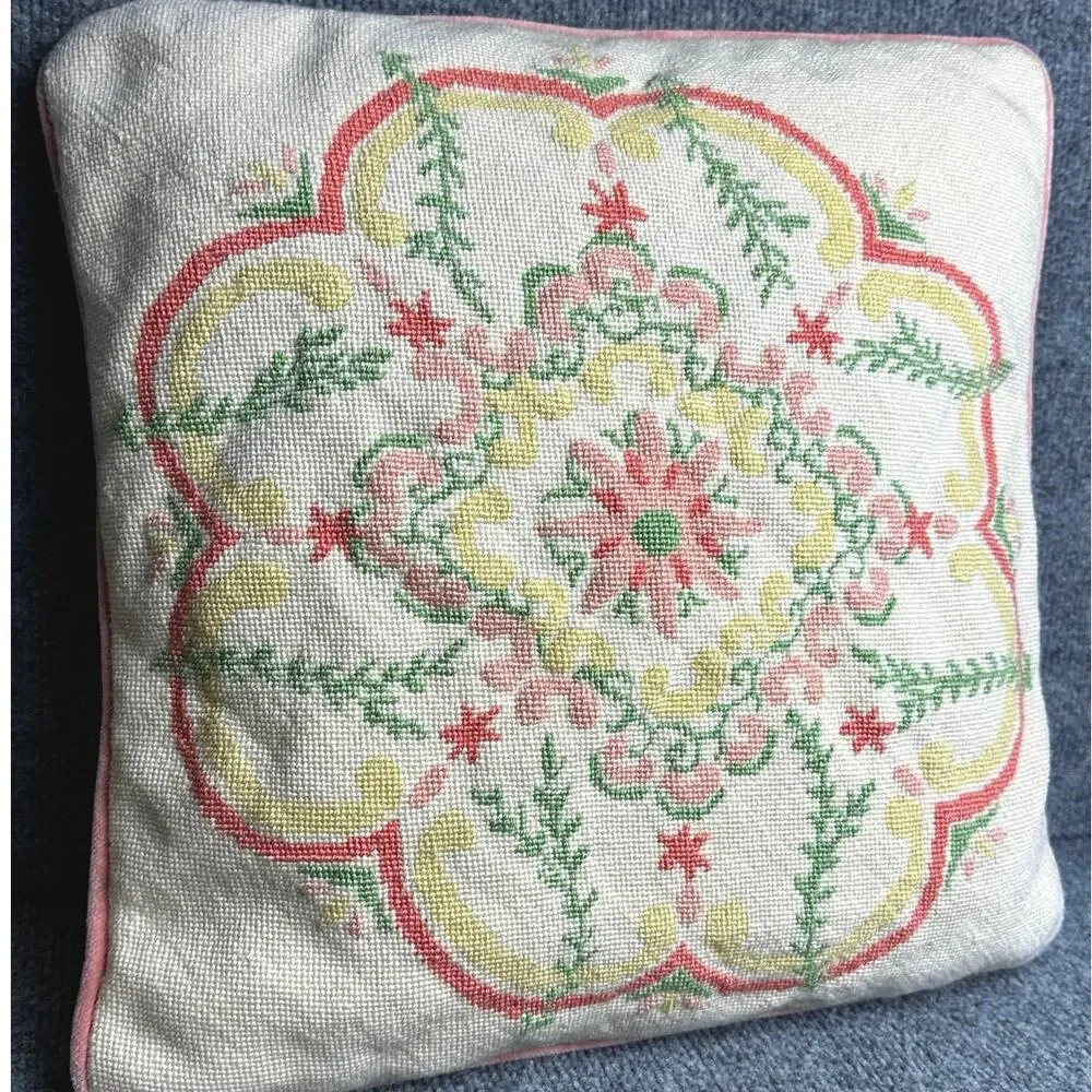 Vintage wool needlepoint pillow metal zipper 15” velvet back piping melon floral